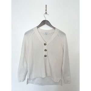 MADEWELL Lyle Ribbed Henley Sweater Merino Wool Pullover Button Up Cream | Small